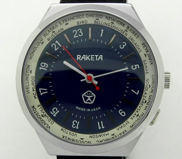 Russian 24-Hours Mechanical Military Watch RAKETA World Time Blue