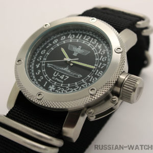 Russian 24-hour mechanical watch German Submarine U-47 Guenther Prien Black 47 mm (NATO strap)