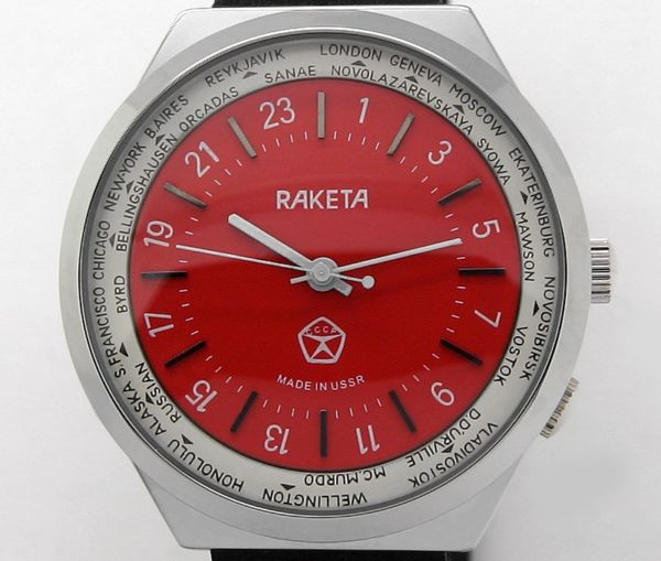 Russian 24-Hours Mechanical Military Watch RAKETA World Time Red
