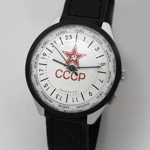Russian 24-Hours Mechanical Military Watch RAKETA World Time Red Star (black ring)