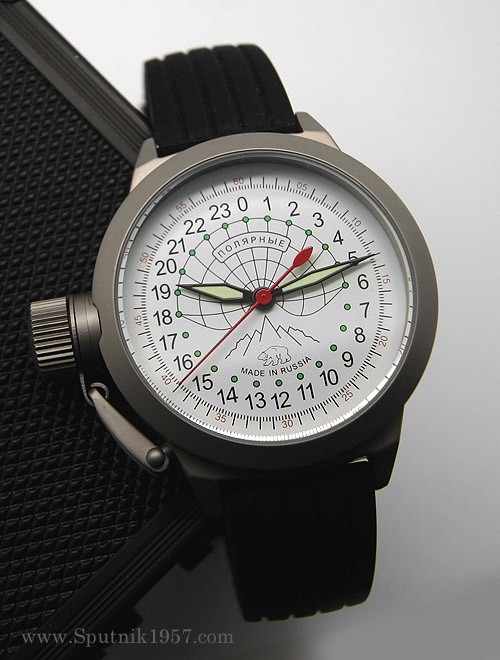 Russian 24-hours mechanical self-winding watch Sputnik 1957 Polar Bear (left-handed crown) 45 mm