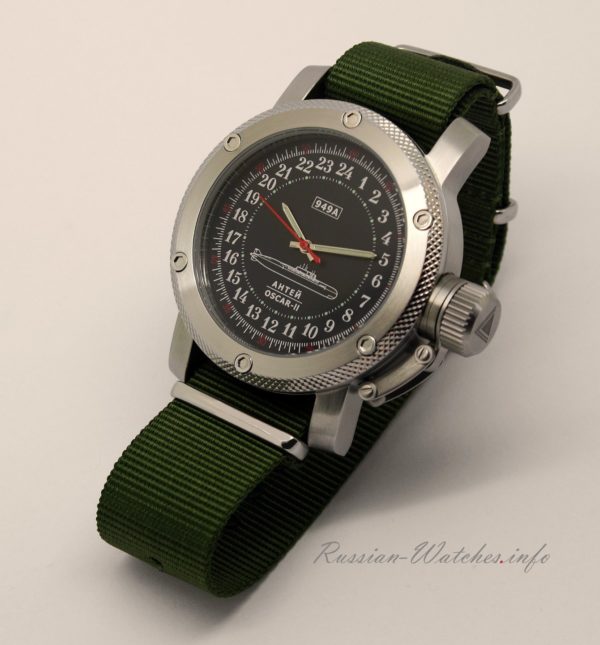 Russian 24-hour mechanical watch Submarine ANTEY (Oscar-2) Black 47 mm (Nato Strap)